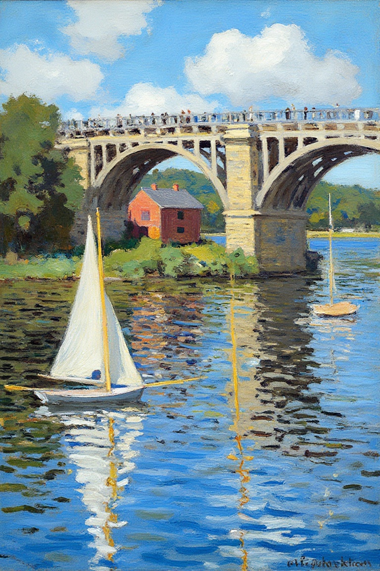 "Impressionist painting of a stone bridge over a river on a sunny day,  with reflections of the bridge and boats in the wa...