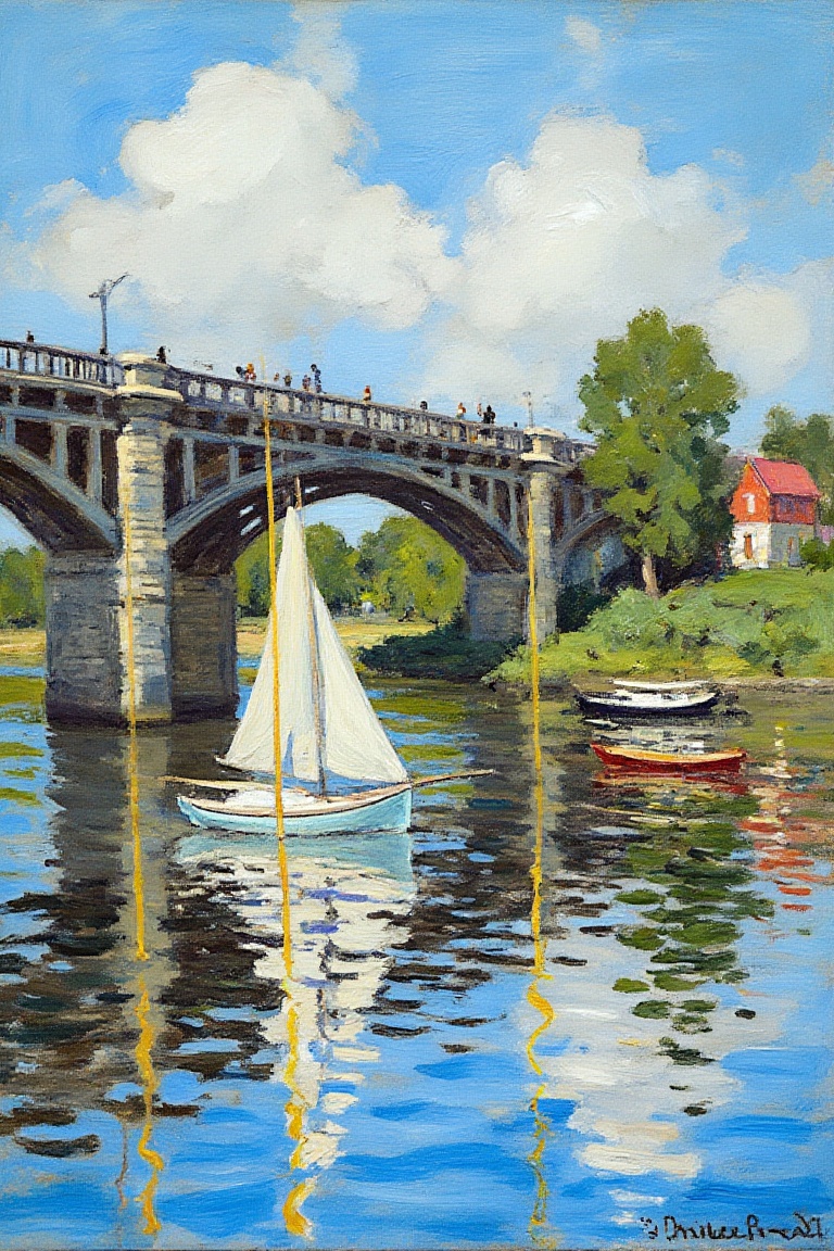 "Impressionist painting of a stone bridge over a river on a sunny day,  with reflections of the bridge and boats in the wa...