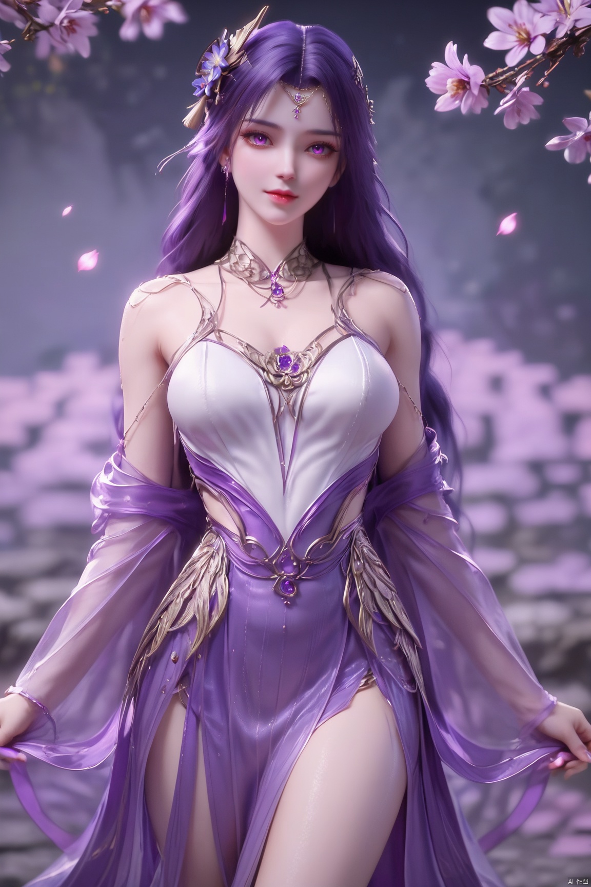score_9_up,score_8_up,score_7_up,(Masterpiece, Best Quality, Photorealistic, High Resolution, 8K Raw), 
1girl, solo, long hair, breasts, looking at viewer, hair ornament, dress, bare shoulders, closed mouth, purple eyes, flower, indoors,  purple flower, falling petals, vase, raiden shogun