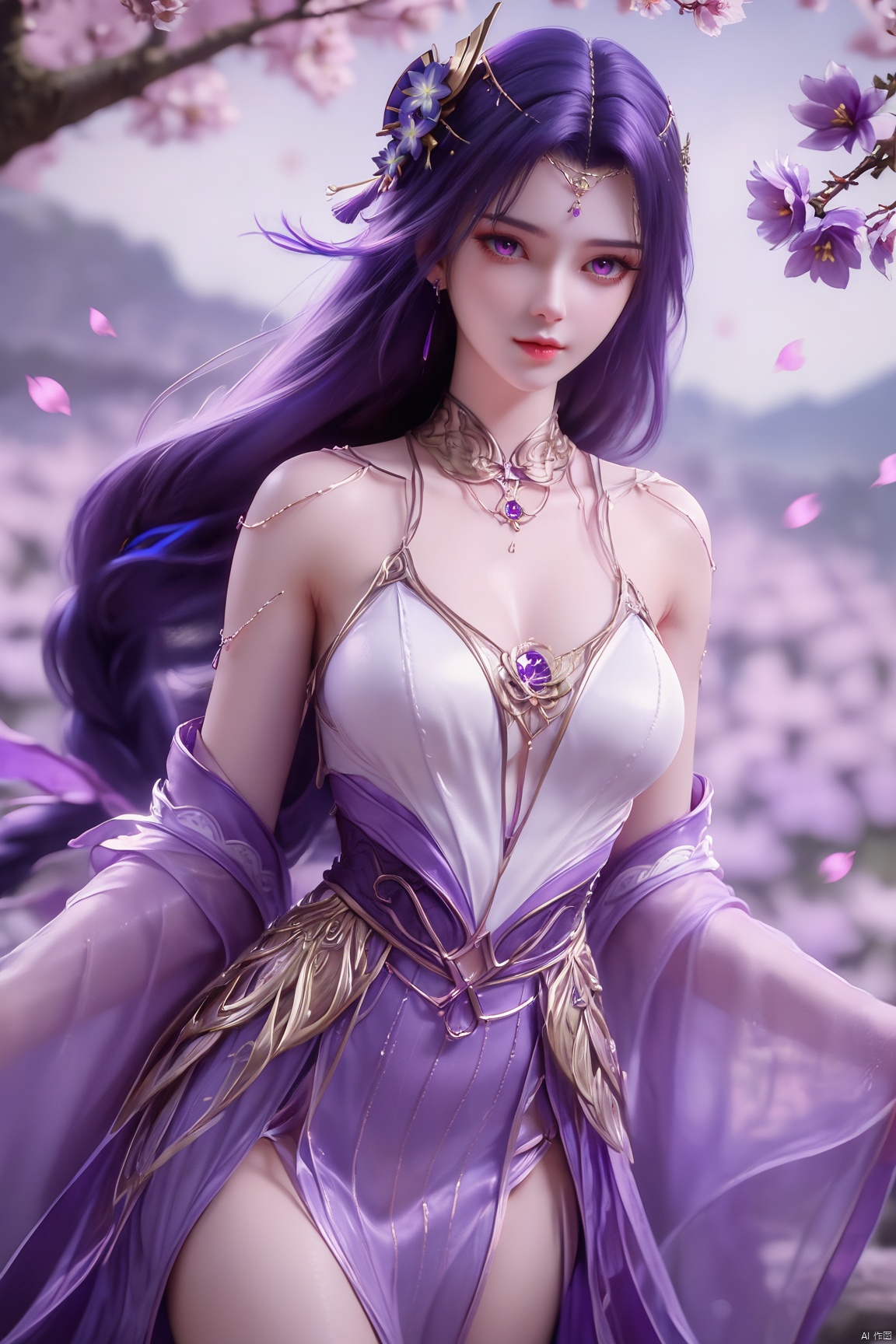 score_9_up,score_8_up,score_7_up,(Masterpiece, Best Quality, Photorealistic, High Resolution, 8K Raw), 
1girl, solo, long hair, breasts, looking at viewer, hair ornament, dress, bare shoulders, closed mouth, purple eyes, flower, indoors,  purple flower, falling petals, vase, raiden shogun