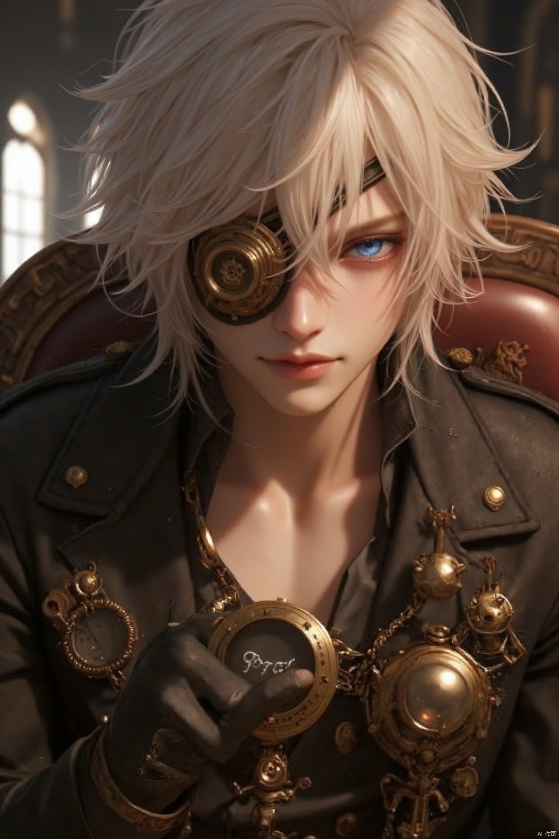 A stunning anime male character with blonde hair and blue eyes, wearing steampunk attire that includes an eye patch over his right eye. He is holding a gold pocket watch in one hand while sitting in a chair. The background features a gothic-style interior, adding to the overall aesthetic of exquisite detail. The focus is on the character's face(White hair) Masterpiece: 1.2), best quality, high resolution, uniform 8k wallpaper, (Illustration: 1), perfect lighting, very detailed CG, fine Detail, Very detailed, soft lighting and Shadows, soft and striking lighting, Film Texture: 1.2, (Skin pores: 1.2), (Detailed Skin texture: 1), (Solo: 1.5)), detailed face, (Perspective: 1.1), hazy, low-key: 1.1, Depth of field, (8k, RAW photo, best quality, Masterpiece: 1.2), (Realistic, realistic: 1.4), (Very detailed CG unified 8k wallpaper), (Detailed face: 1.4), (Beautiful detailed eyes: 1.2)
