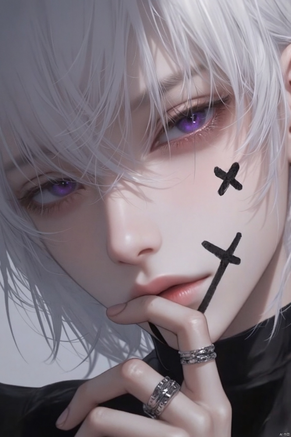 A close-up of an anime boy with short white hair and purple eyes. He has two black circular shapes on his cheeks that resemble X's. He is wearing ear piercings and rings around the mouth area, holding one hand near his lips as if about to kiss someone. He is wearing all dark . The style is digital art, digital illustration, fantasy realism, full-body shot, portrait(White hair) Masterpiece: 1.2), best quality, high resolution, uniform 8k wallpaper, (Illustration: 1), perfect lighting, very detailed CG, fine Detail, Very detailed, soft lighting and Shadows, soft and striking lighting, Film Texture: 1.2, (Skin pores: 1.2), (Detailed Skin texture: 1), (Solo: 1.5)), detailed face, (Perspective: 1.1), hazy, low-key: 1.1, Depth of field, (8k, RAW photo, best quality, Masterpiece: 1.2), (Realistic, realistic: 1.4), (Very detailed CG unified 8k wallpaper), (Detailed face: 1.4), (Beautiful detailed eyes: 1.2)
