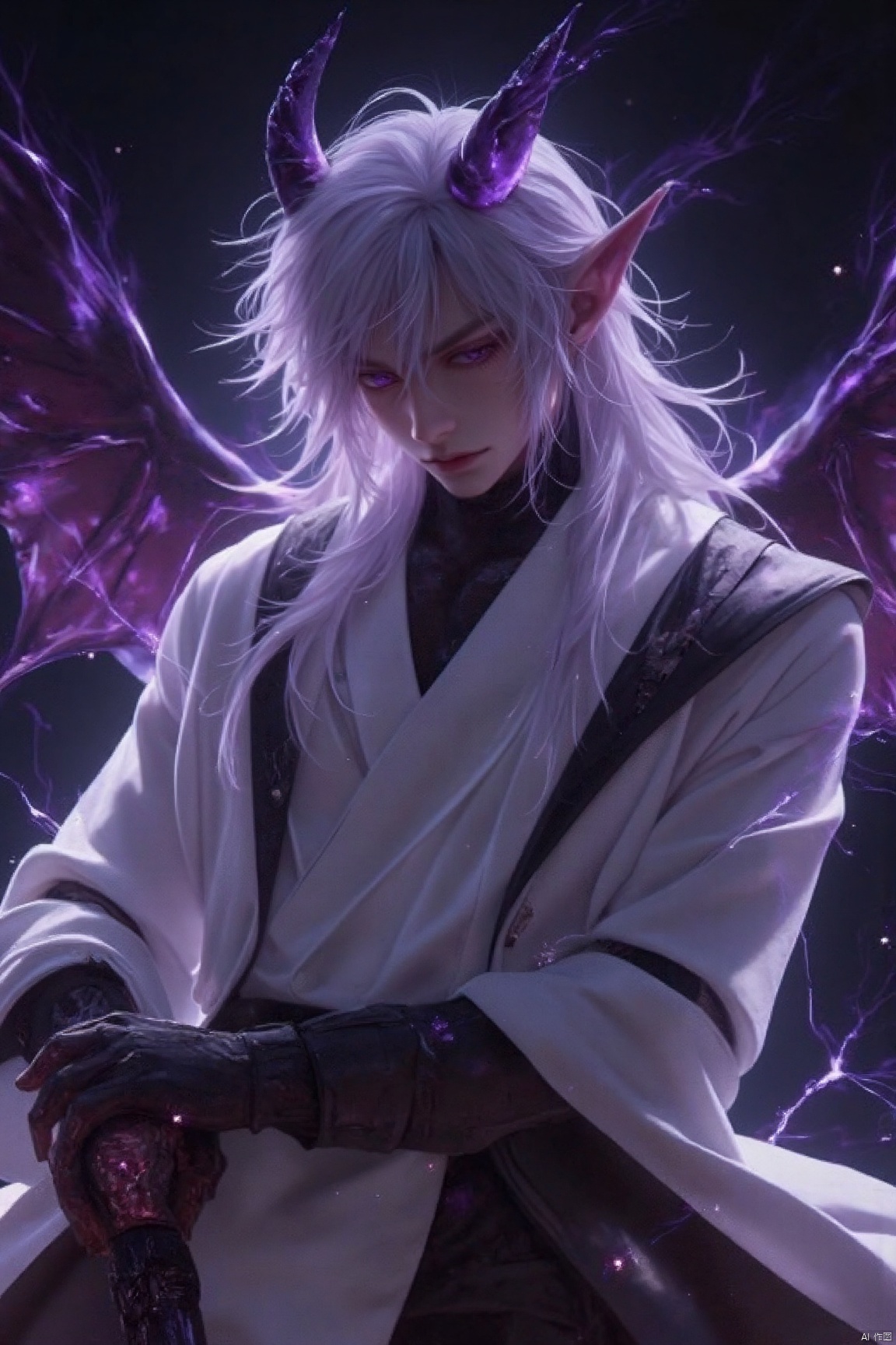 An illustration of the Blackheart from Final Fantasy, with purple lightning and a dark black background. He is holding his sword in one hand and wearing white with demon wings on top of it. The full-body shot is shown, and he has long hair. The artwork should be done in the style of manga. (White hair) Masterpiece: 1.2), best quality, high resolution, uniform 8k wallpaper, (Illustration: 1), perfect lighting, very detailed CG, fine Detail, Very detailed, soft lighting and Shadows, soft and striking lighting, Film Texture: 1.2, (Skin pores: 1.2), (Detailed Skin texture: 1), (Solo: 1.5)), detailed face, (Perspective: 1.1), hazy, low-key: 1.1, Depth of field, (8k, RAW photo, best quality, Masterpiece: 1.2), (Realistic, realistic: 1.4), (Very detailed CG unified 8k wallpaper), (Detailed face: 1.4), (Beautiful detailed eyes: 1.2)

