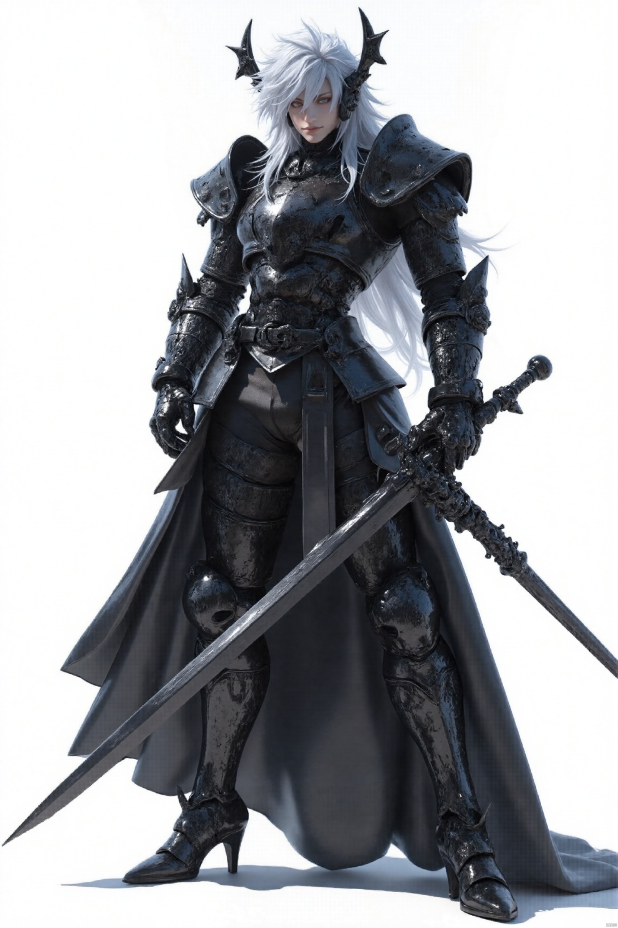 Full-body concept art of an epic black knight with white hair. He holds his long sword in one hand and stands on the other foot, wearing high heels. He wears full plate armor made from dark metal. His helmet is shaped like a skull. The background is white. In the style of Final Fantasy anime art in the style of Tetsuya Nomura.(White hair) Masterpiece: 1.2), best quality, high resolution, uniform 8k wallpaper, (Illustration: 1), perfect lighting, very detailed CG, fine Detail, Very detailed, soft lighting and Shadows, soft and striking lighting, Film Texture: 1.2, (Skin pores: 1.2), (Detailed Skin texture: 1), (Solo: 1.5)), detailed face, (Perspective: 1.1), hazy, low-key: 1.1, Depth of field, (8k, RAW photo, best quality, Masterpiece: 1.2), (Realistic, realistic: 1.4), (Very detailed CG unified 8k wallpaper), (Detailed face: 1.4), (Beautiful detailed eyes: 1.2)