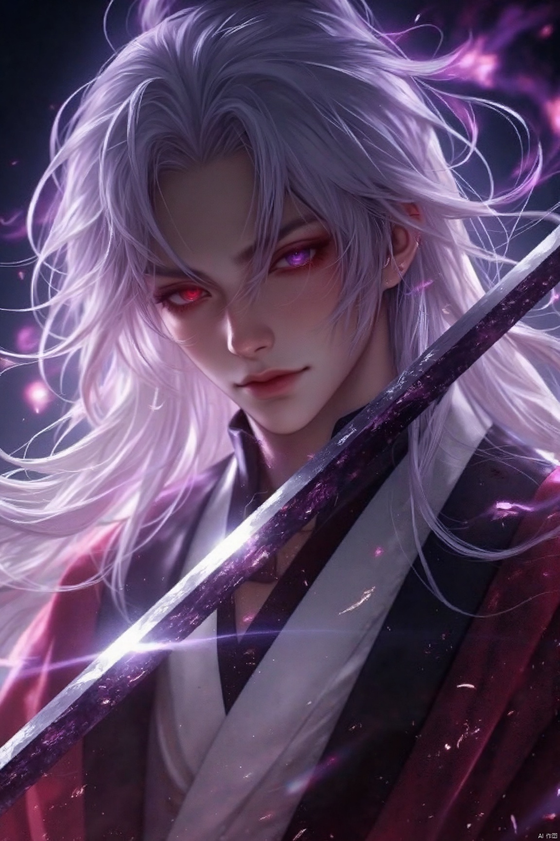 A stunning anime-inspired male character with long hair, featuring purple and red hues in his eyes, holding an elegant sword and surrounded by swirling magical energy. Ethereal lighting casts soft shadows, with a focus on the face. The artwork is in a colorful digital art style, set against a dark background with fantasy elements. The close-up shot provides a detailed illustration of traditional Japanese , resulting in a majestic, ethereally beautiful, and mysterious atmosphere (White hair) Masterpiece: 1.2), best quality, high resolution, uniform 8k wallpaper, (Illustration: 1), perfect lighting, very detailed CG, fine Detail, Very detailed, soft lighting and Shadows, soft and striking lighting, Film Texture: 1.2, (Skin pores: 1.2), (Detailed Skin texture: 1), (Solo: 1.5)), detailed face, (Perspective: 1.1), hazy, low-key: 1.1, Depth of field, (8k, RAW photo, best quality, Masterpiece: 1.2), (Realistic, realistic: 1.4), (Very detailed CG unified 8k wallpaper), (Detailed face: 1.4), (Beautiful detailed eyes: 1.2)
