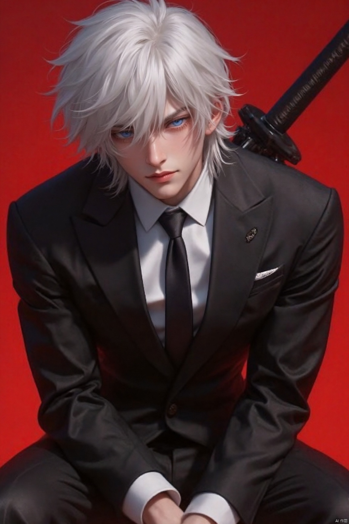 Handsome anime-style character with blue eyes and black hair, wearing a suit and holding a katana on his shoulder while leaning forward and sitting on a red background. Close-up portrait with detailed facial features, , and hands, in a fantasy art style with anime realism. Full-body shot, digital painting, high resolution, sharp focus, and studio lighting(White hair) Masterpiece: 1.2), best quality, high resolution, uniform 8k wallpaper, (Illustration: 1), perfect lighting, very detailed CG, fine Detail, Very detailed, soft lighting and Shadows, soft and striking lighting, Film Texture: 1.2, (Skin pores: 1.2), (Detailed Skin texture: 1), (Solo: 1.5)), detailed face, (Perspective: 1.1), hazy, low-key: 1.1, Depth of field, (8k, RAW photo, best quality, Masterpiece: 1.2), (Realistic, realistic: 1.4), (Very detailed CG unified 8k wallpaper), (Detailed face: 1.4), (Beautiful detailed eyes: 1.2)
