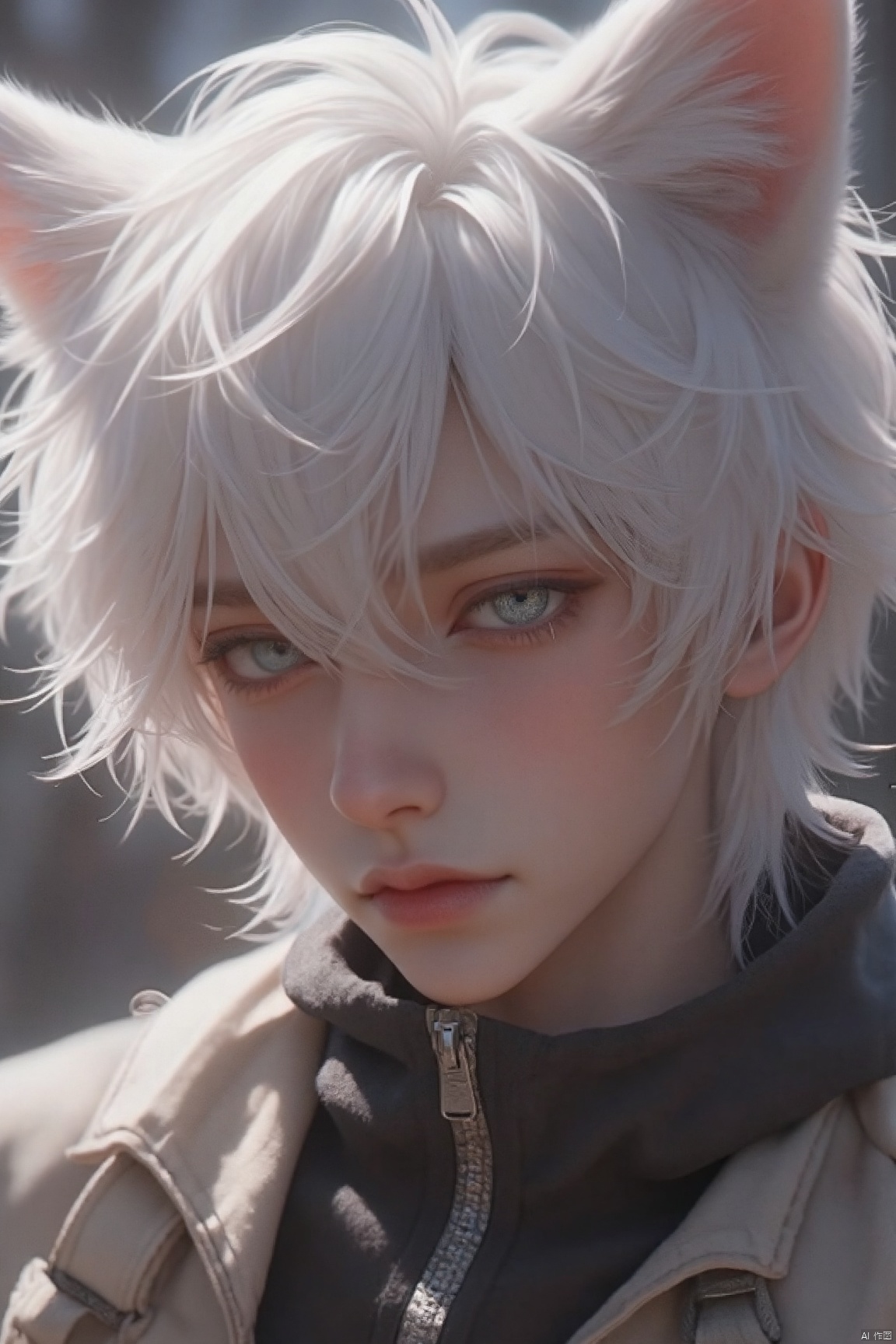 1 boy,cat ear,white hair, upper body, close-up, jacket, short hair, outdoor, backpack.(White hair) Masterpiece: 1.2), best quality, high resolution, uniform 8k wallpaper, (Illustration: 1), perfect lighting, very detailed CG, fine Detail, Very detailed, soft lighting and Shadows, soft and striking lighting, Film Texture: 1.2, (Skin pores: 1.2), (Detailed Skin texture: 1), (Solo: 1.5)), detailed face, (Perspective: 1.1), hazy, low-key: 1.1, Depth of field, (8k, RAW photo, best quality, Masterpiece: 1.2), (Realistic, realistic: 1.4), (Very detailed CG unified 8k wallpaper), (Detailed face: 1.4), (Beautiful detailed eyes: 1.2)