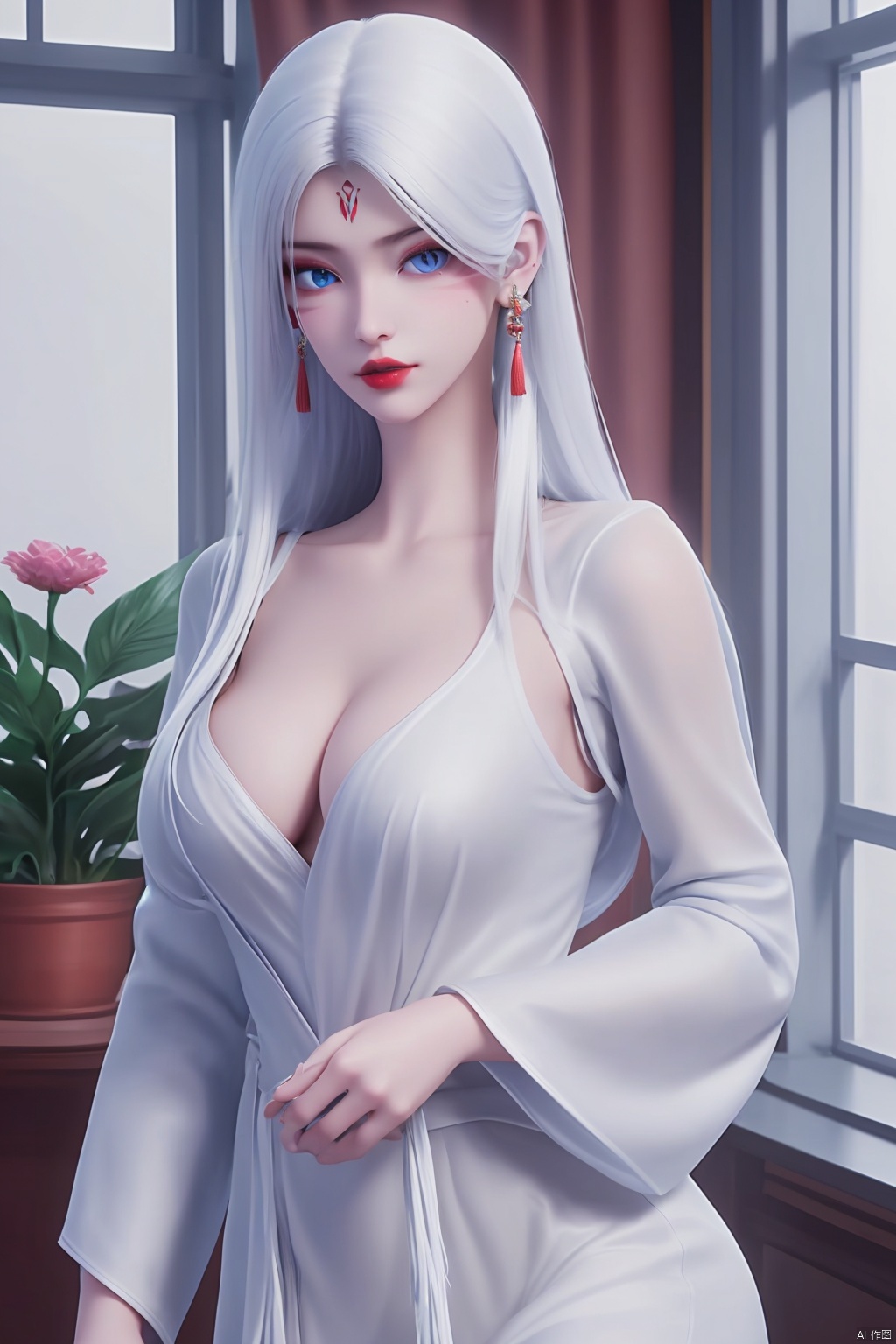 1girl, solo, long hair, breasts, looking at viewer, blue eyes, hair ornament, long sleeves, dress, holding, cleavage, jewelry, medium breasts, standing, flower, white hair, cowboy shot, earrings, parted lips, indoors, wide sleeves, white dress, lips, see-through, window, facial mark, chinese clothes, plant, curtains, tassel, forehead mark, red lips