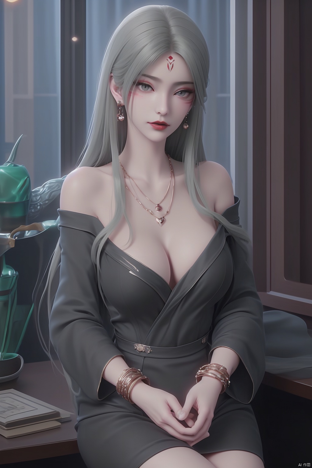 1girl, solo, long hair, breasts, looking at viewer, large breasts, long sleeves, dress, cleavage, bare shoulders, jewelry, sitting, very long hair, collarbone, white hair, thighs, earrings, parted lips, indoors, wide sleeves, necklace, off shoulder, bracelet, lips, grey eyes, makeup, facial mark, red dress, ring, plant, forehead mark, red lips, potted plant, shinkai color,qfl,Shinkai,Hayao Miyazaki,qfl