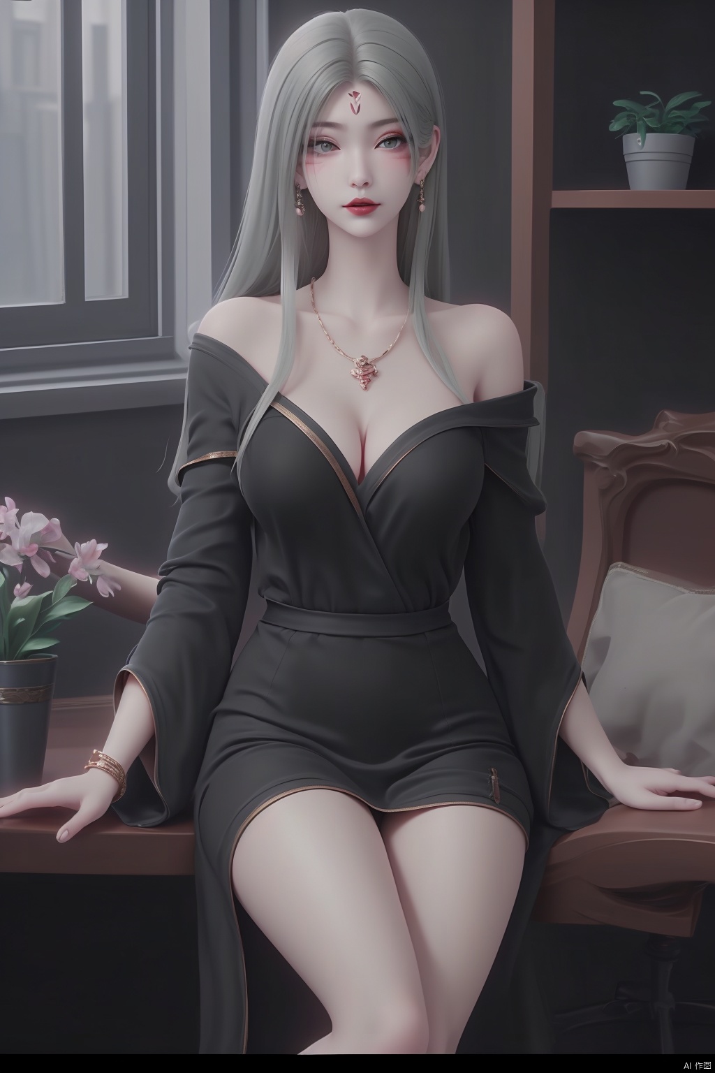 1girl, solo, long hair, breasts, looking at viewer, large breasts, long sleeves, dress, cleavage, bare shoulders, jewelry, sitting, very long hair, collarbone, white hair, thighs, earrings, parted lips, indoors, wide sleeves, necklace, off shoulder, bracelet, lips, grey eyes, makeup, facial mark, red dress, ring, plant, forehead mark, red lips, potted plant, shinkai color,qfl,Shinkai,Hayao Miyazaki,qfl