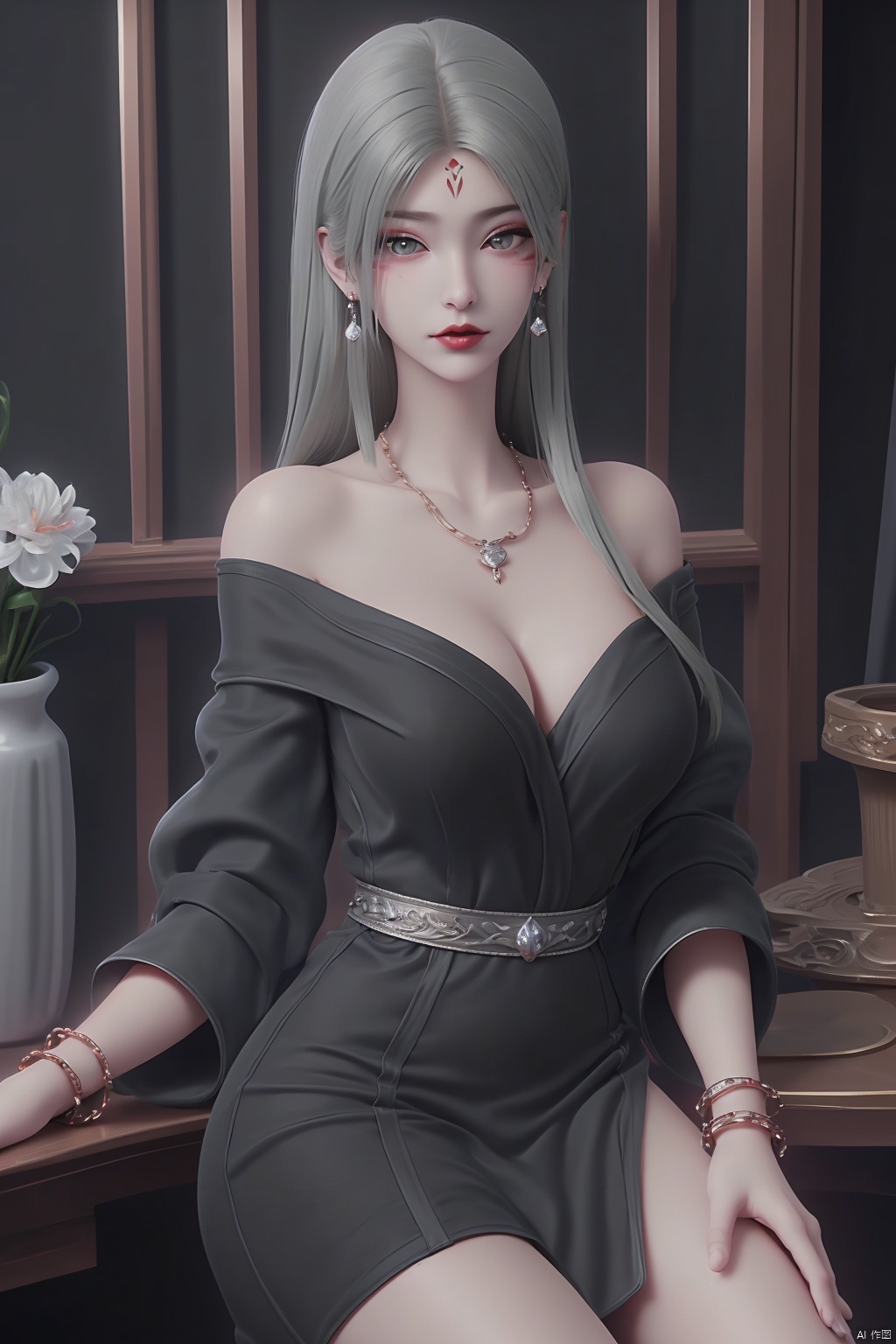 1girl, solo, long hair, breasts, looking at viewer, large breasts, long sleeves, dress, cleavage, bare shoulders, jewelry, sitting, very long hair, collarbone, white hair, thighs, earrings, parted lips, indoors, wide sleeves, necklace, off shoulder, bracelet, lips, grey eyes, makeup, facial mark, red dress, ring, plant, forehead mark, red lips, potted plant, shinkai color,qfl,Shinkai,Hayao Miyazaki,qfl