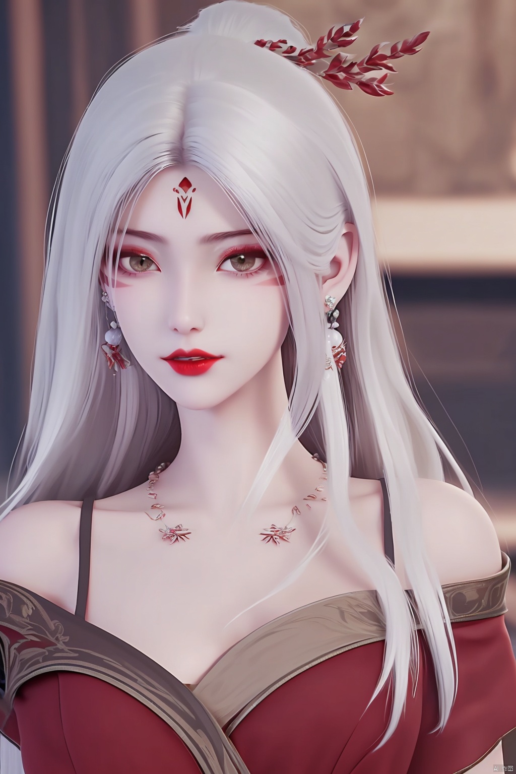 1girl, solo, long hair, hair ornament, dress, bare shoulders, jewelry, upper body, white hair, earrings, blurry, blurry background, facial mark, forehead mark, red lips