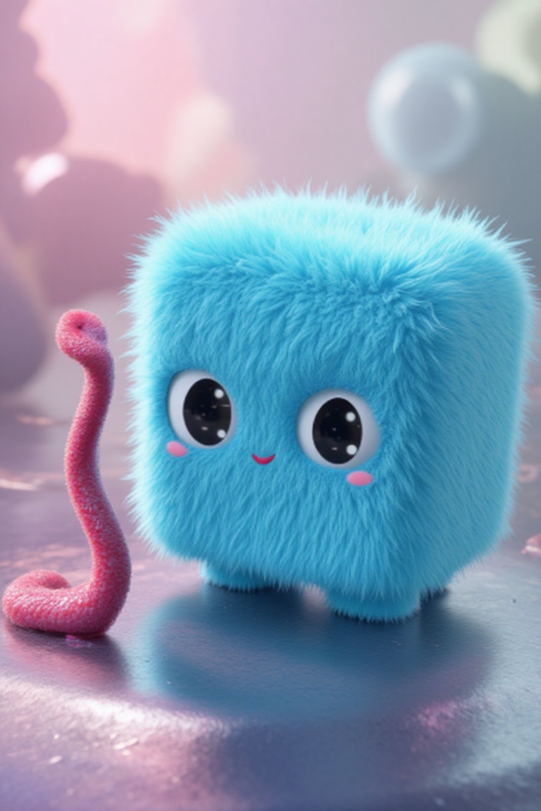 TenTen,  a blue square creature with signature teary eyes,  sits on a metallic surface bathed in soft pastel lighting. Its...
