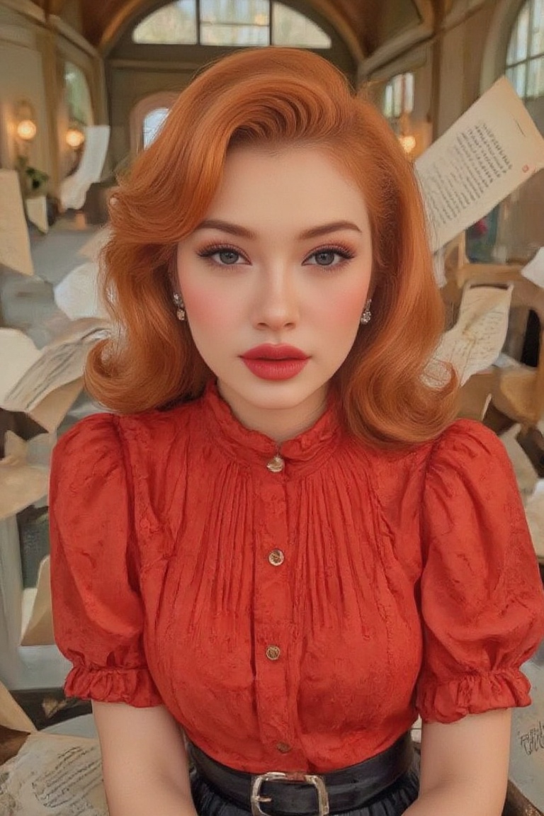 "A full-body depiction of a stylish 1950s pin-up model in a dramatic,  ethereal portrait. She stands in a grand indoor spa...