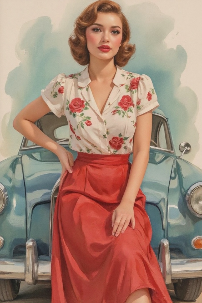 Full body of a stylish 1950s pin-up model with vintage flair,  sitting confidently on the hood of a Bugatti car. She wears...