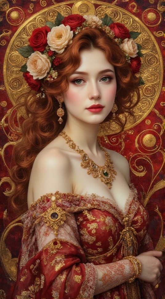 Ultra-realistic oil painting of a mystical goddess with flowing natural auburn hair and natural red eyebrows,  adorned wit...