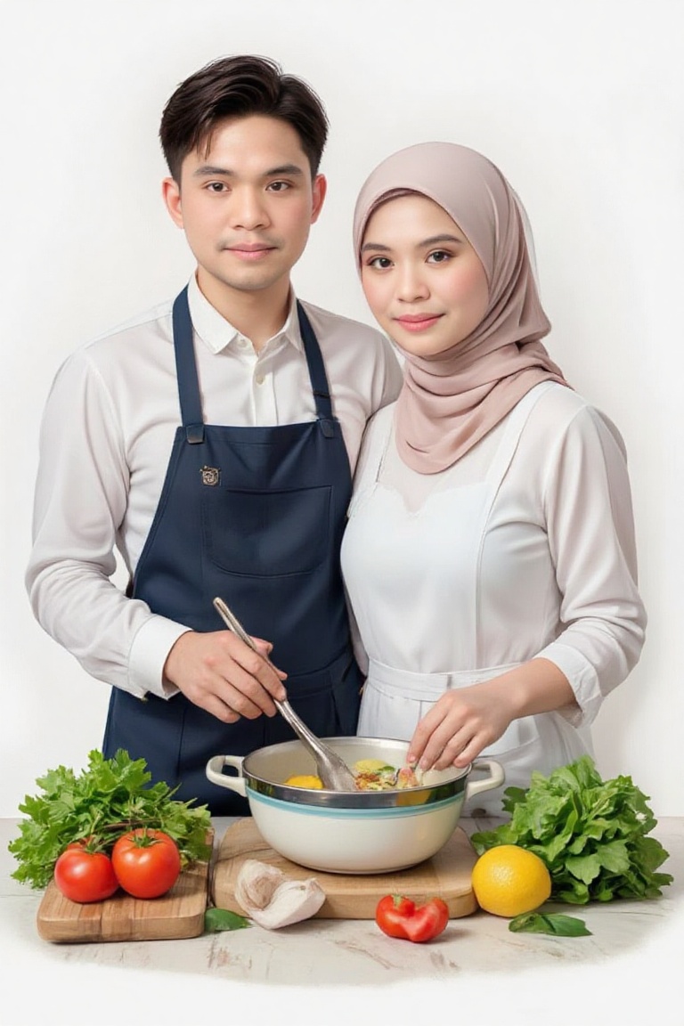 Malay couple,  husband and wife cooking together,  Husband is on Tensor.Art