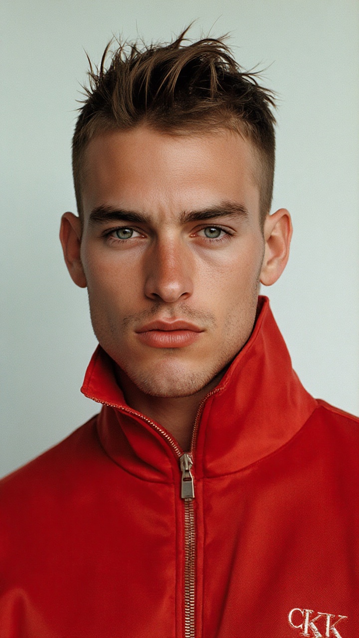 a photorealistic a pale young man,  posing like a supermodel against a stark white backdrop. The man's head is angled slig...