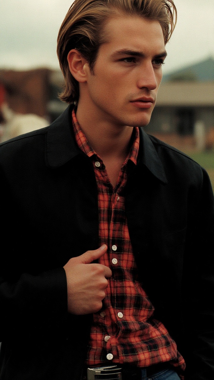 a young man with blonde hair,  wearing a black jacket and a plaid button-down shirt. His left arm is stretched out in fron...