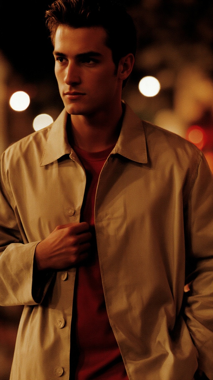 Create a photorealistic image of a male model in a 90s-style fashion ad,  wearing a beige trench coat over a red shirt. He...