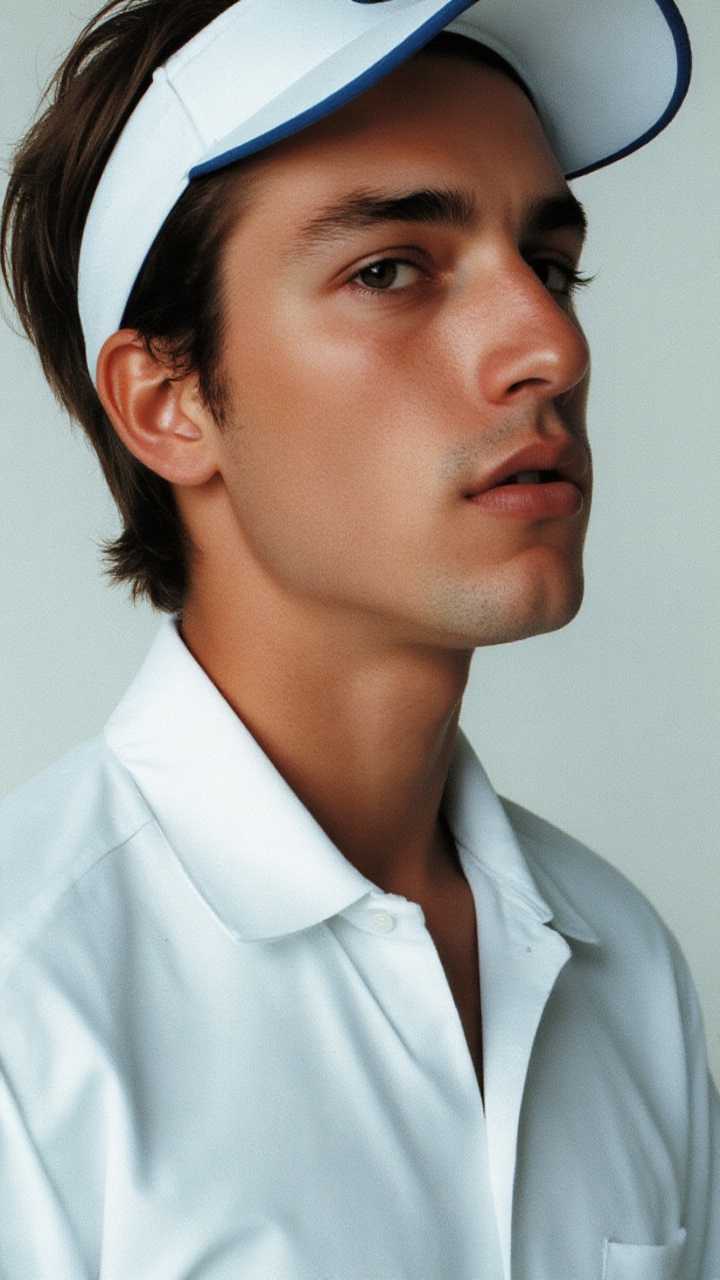 a photorealistic close-up shot of a young man's face is visible from a low angle. He is dressed in a white tennis button-d...