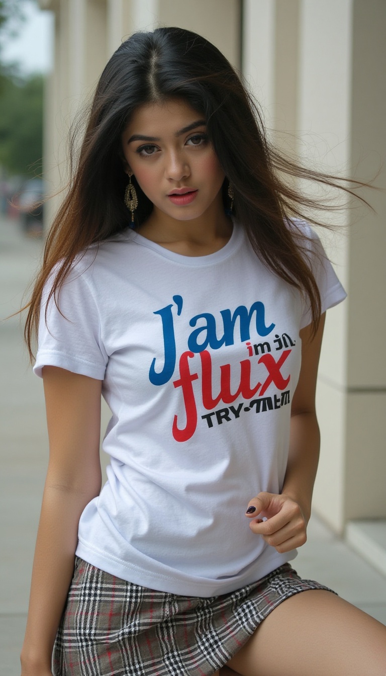 Captured at eye-level,  a medium-sized young woman with long dark brown hair,  wearing a white bule shirt and a plaid mini...