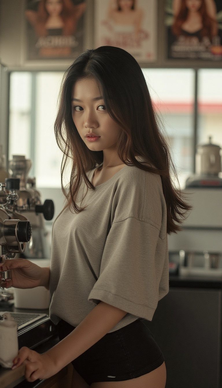 A young woman,  donning a oversize t-shirt and mini skirt ,  stands confidently at the counter on Tensor.Art
