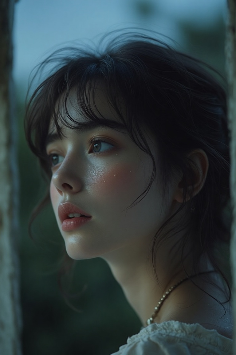 In a serene,  moonlit night,  a girl with a sad face stands by a window on Tensor.Art