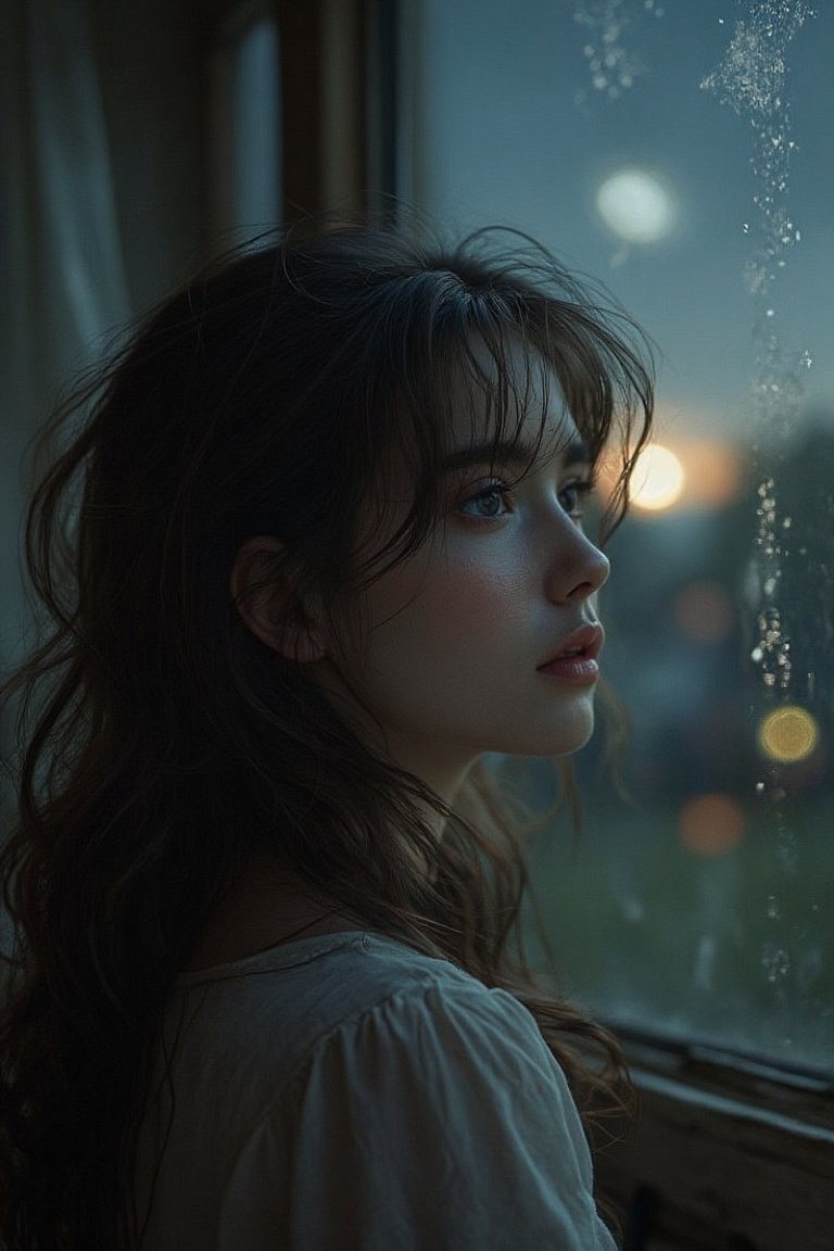 In a serene,  moonlit night,  a girl with a sad face stands by a window on Tensor.Art