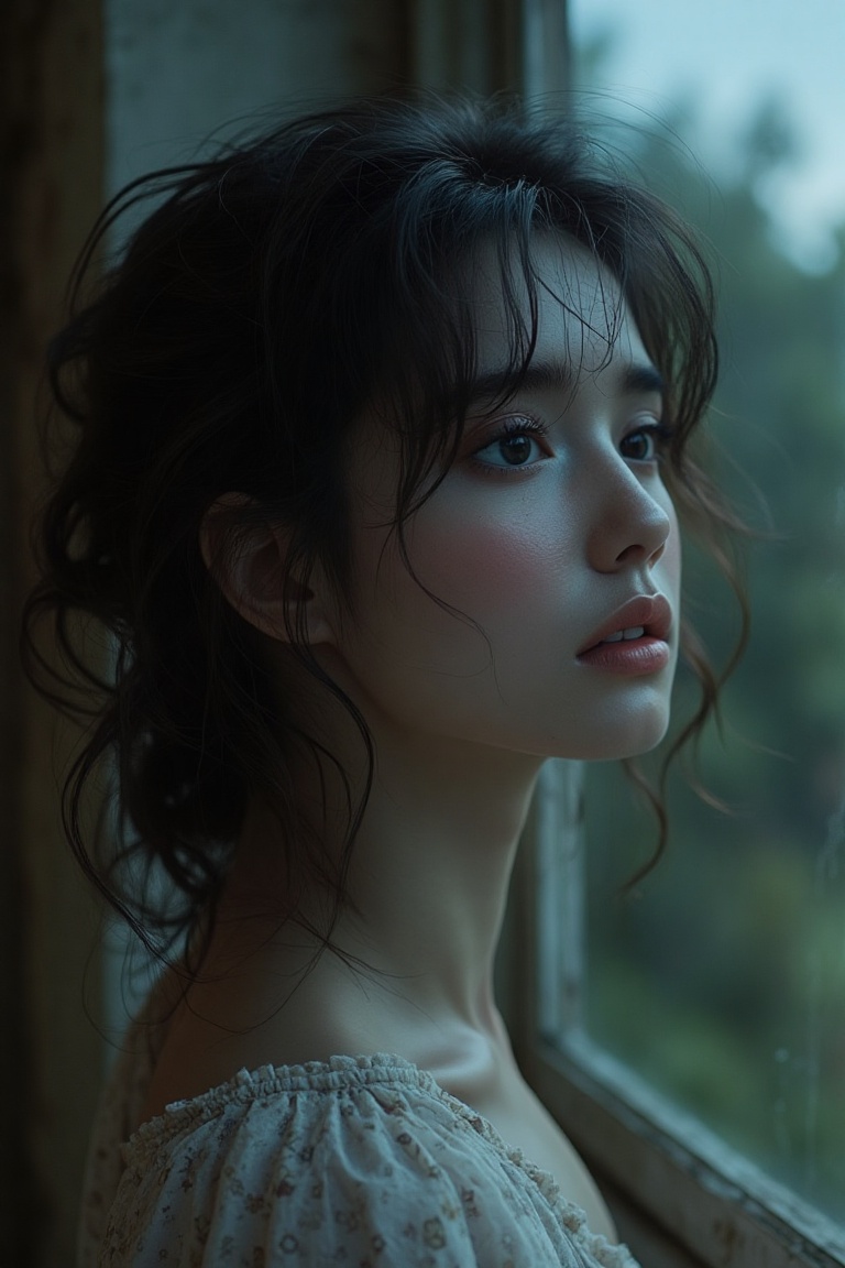 In a serene,  moonlit night,  a girl with a sad face stands by a window on Tensor.Art