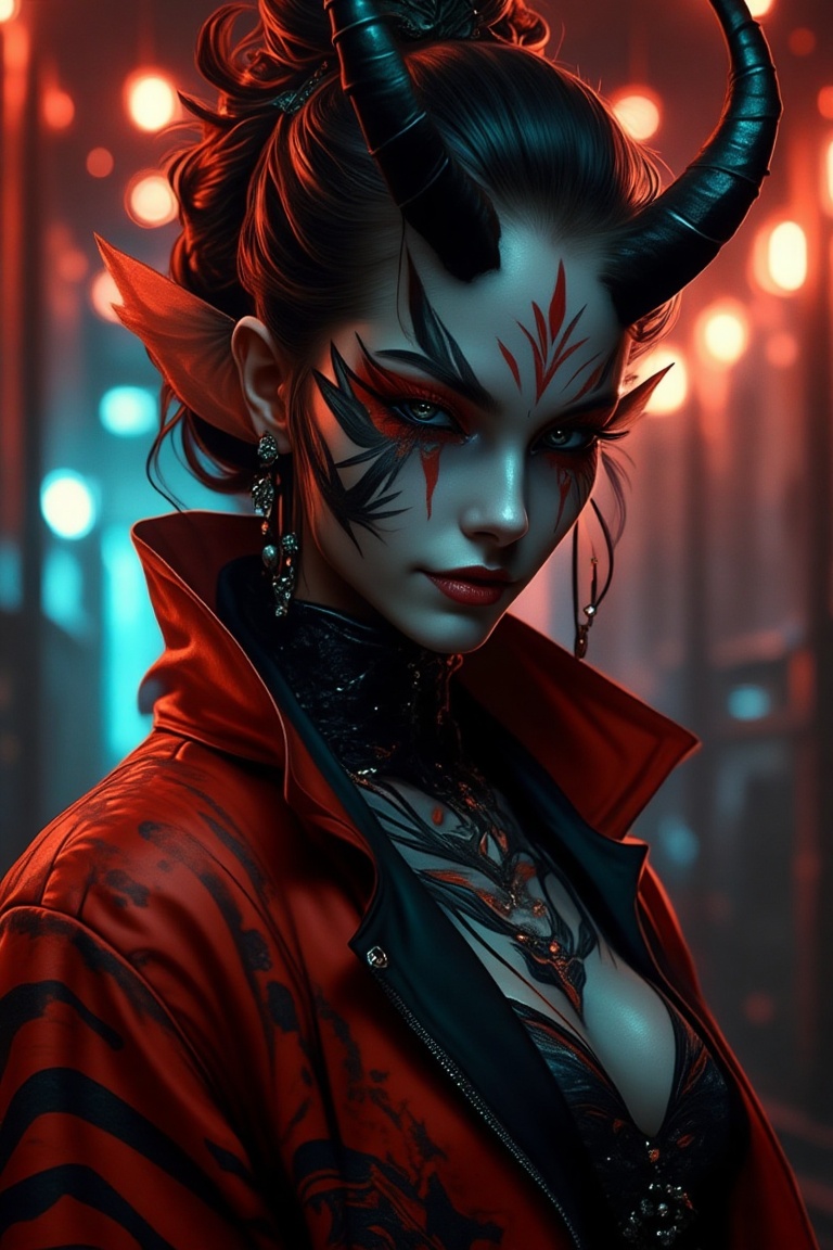 A stunning Oni woman wearing a full red and black jacket with a turtle neck,  exuding a sense of glory and power. Her dark...