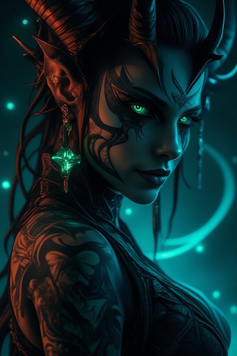 A close-up shot of a beautiful Oni woman with dark,  intricate tattoos,  glowing neon accents in her horns and eyes. The s...