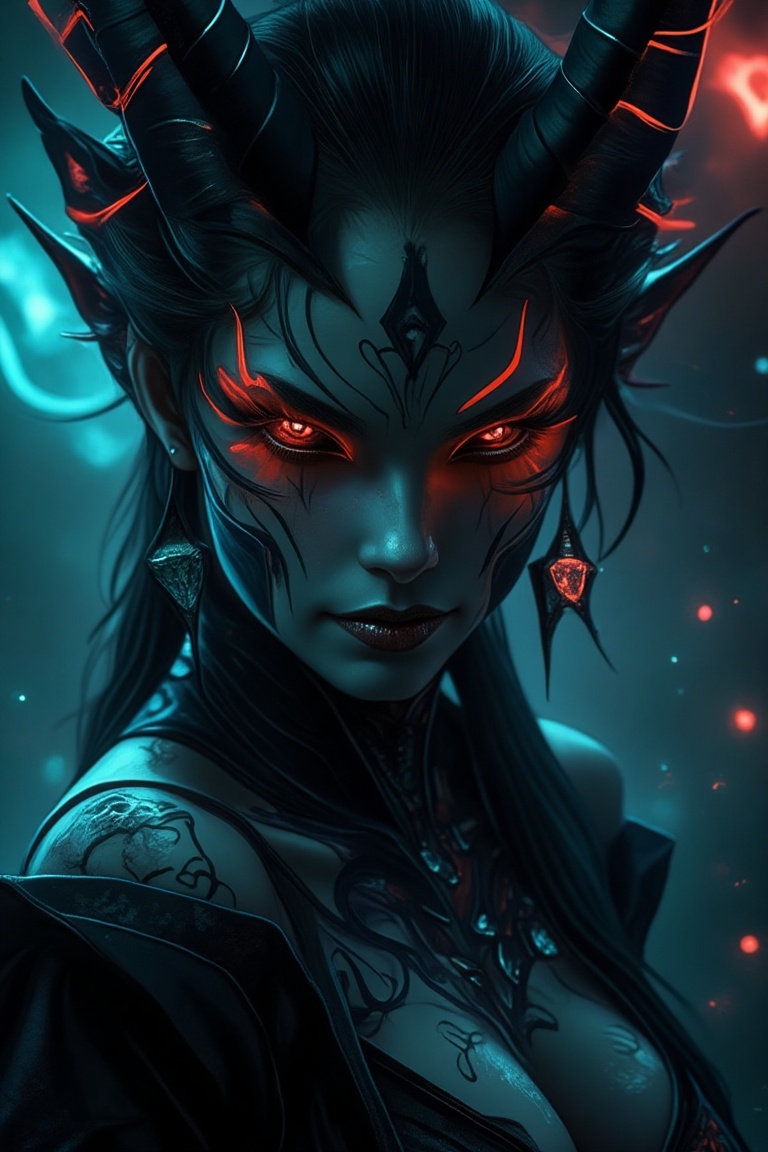 A close-up shot of a beautiful Oni woman with dark,  intricate tattoos,  glowing neon accents in her horns and eyes. The s...