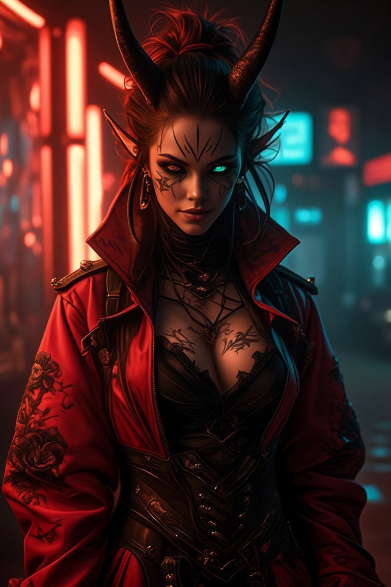 A stunning Oni woman wearing a full red and black jacket with a turtle neck,  exuding a sense of glory and power. Her dark...