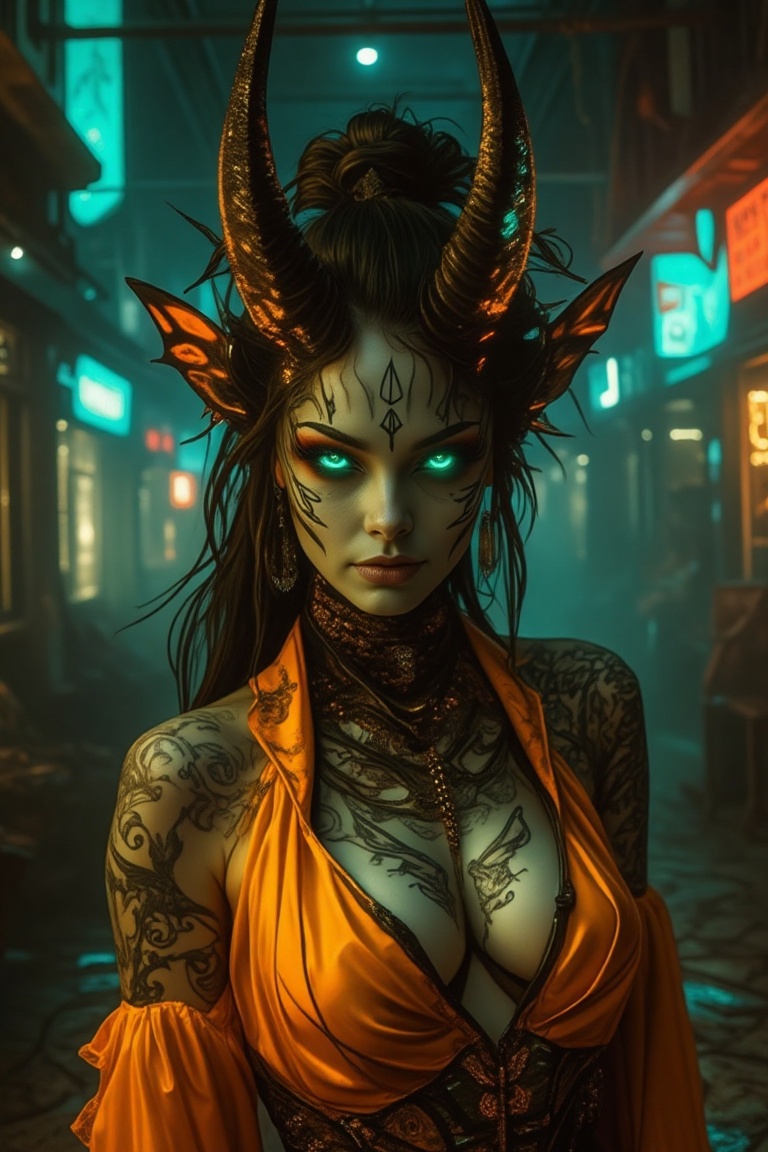 A stunning Oni woman in a bright,  vivid yellow-orange outfit,  with dark on Tensor.Art