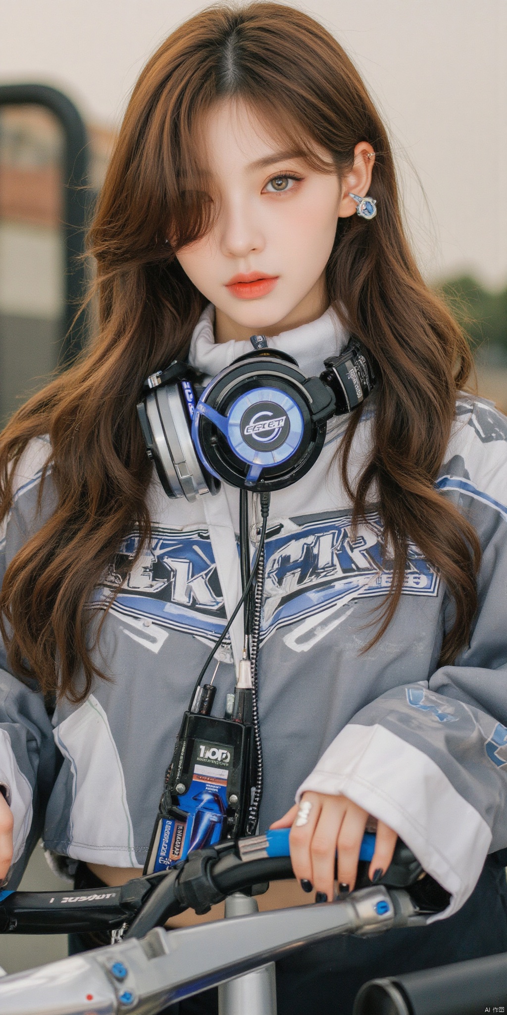 1girl, solo, long hair, looking at viewer, blue eyes, brown hair, jewelry, upper body, earrings, parted lips, hair over one eye, headphones, piercing, ground vehicle, ear piercing, motor vehicle, headphones around neck