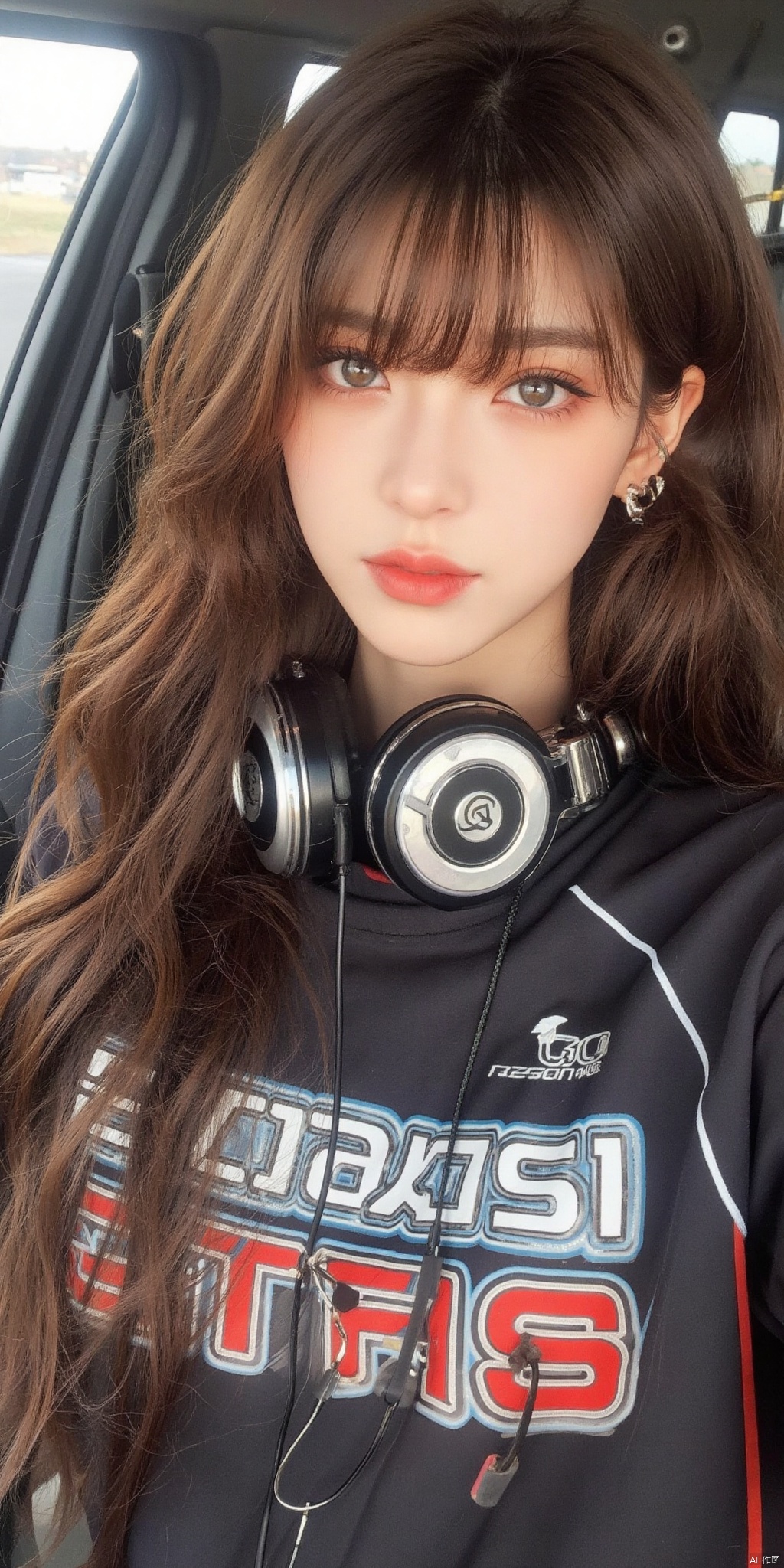1girl, solo, long hair, looking at viewer, blue eyes, brown hair, jewelry, upper body, earrings, parted lips, hair over one eye, headphones, piercing, ground vehicle, ear piercing, motor vehicle, headphones around neck