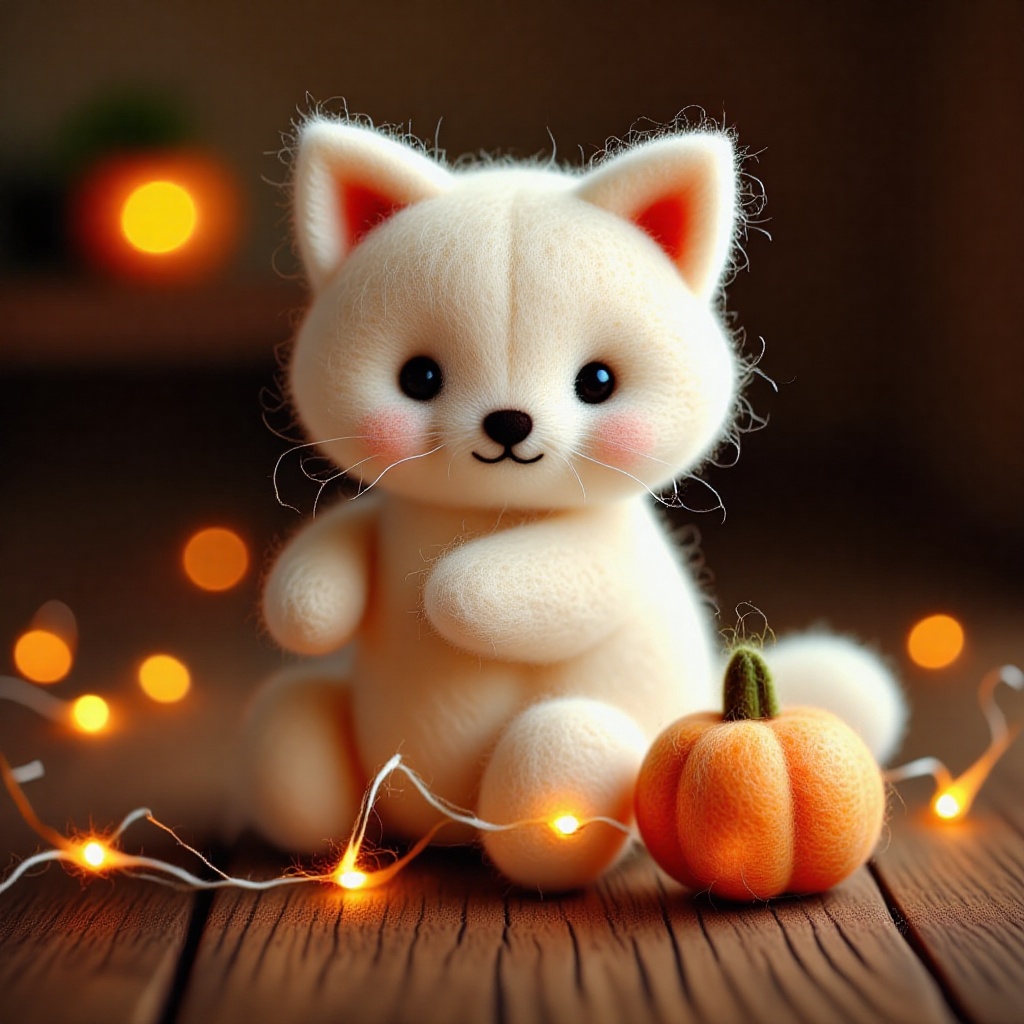 A high-resolution photograph of a cute cat, with Halloween decorations such as intricately carved pumpkins, strings of orange fairy lights, and an assortment of playful, spooky figurines. ,cut3