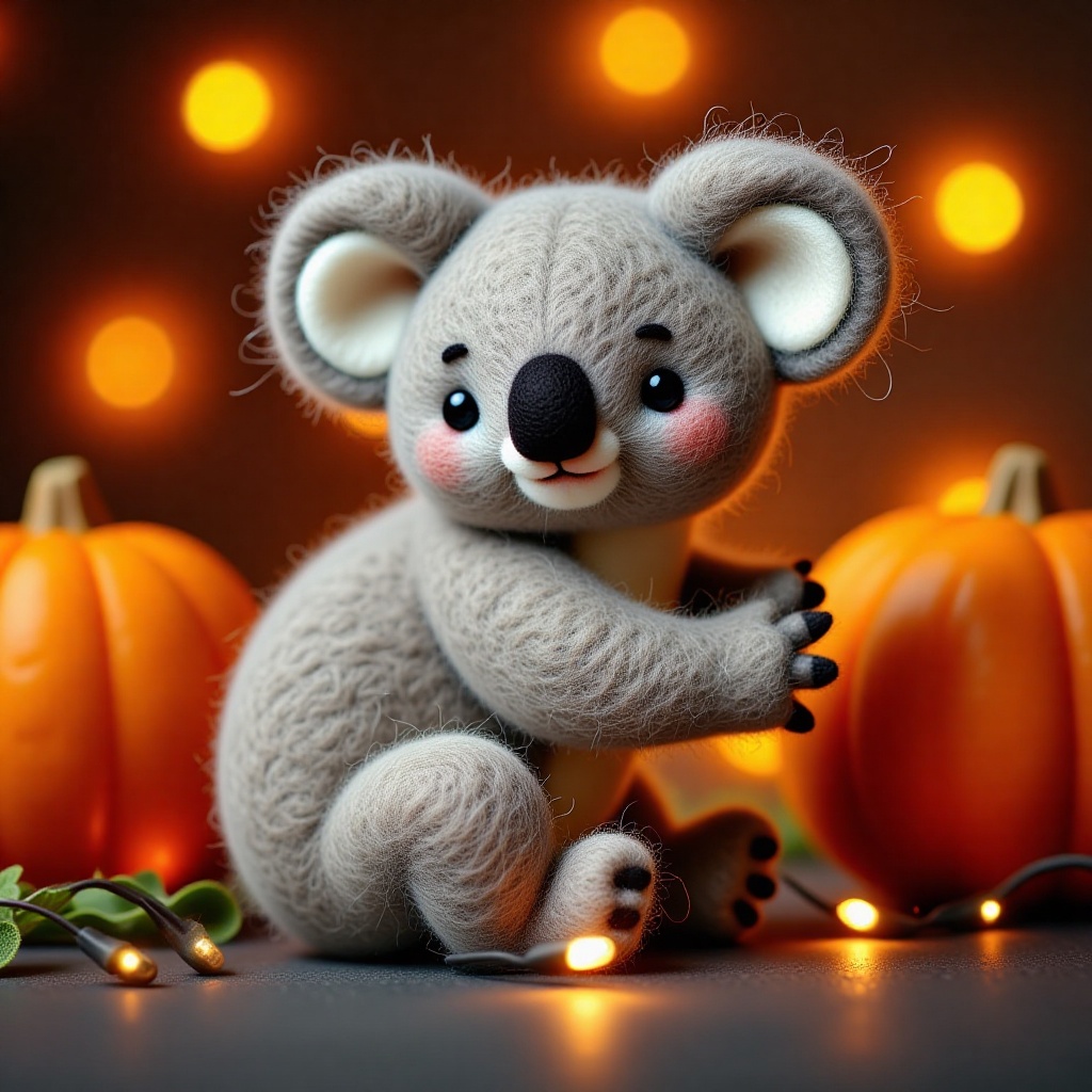 A high-resolution photograph of a young koala bear, with Halloween decorations such as intricately carved pumpkins, strings of orange fairy lights, and an assortment of playful, spooky figurines. ,cut3