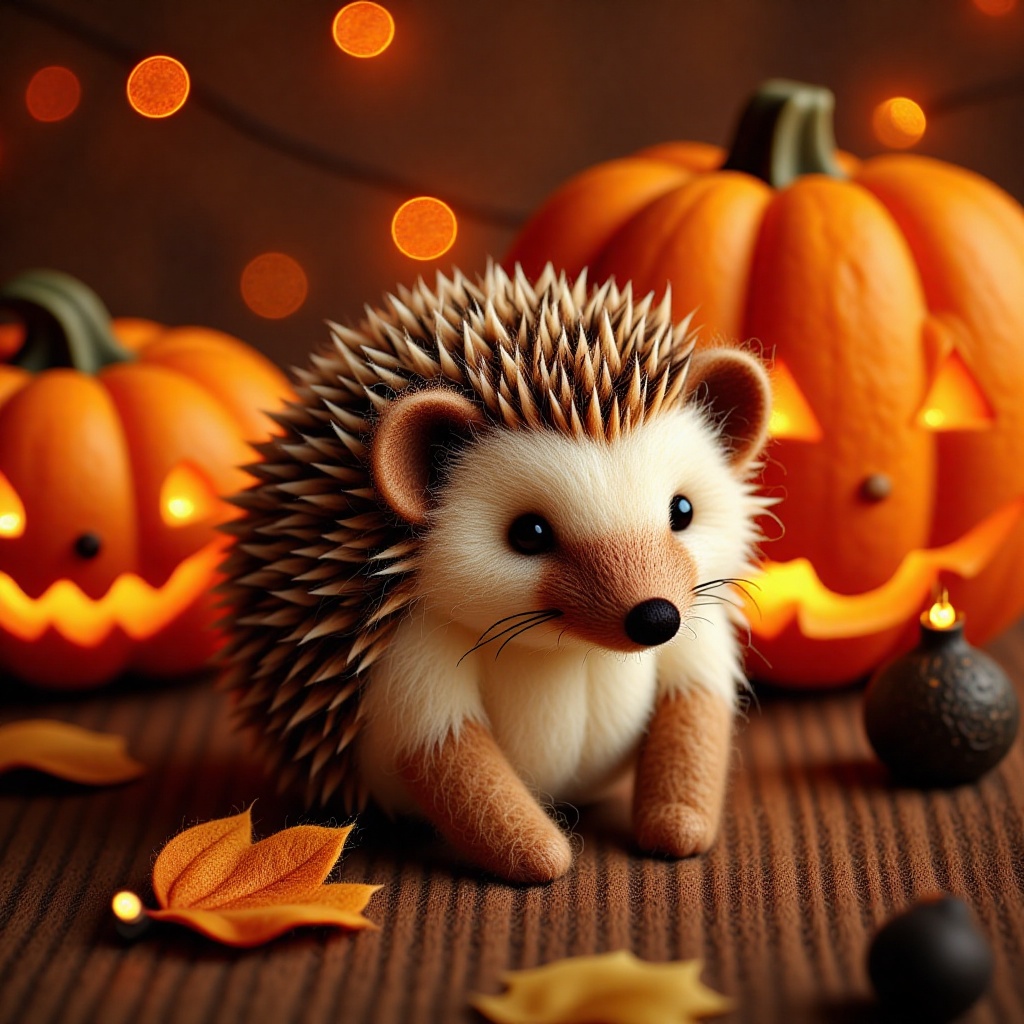 A high-resolution photograph of a small, African pygmy hedgehog, with Halloween decorations such as intricately carved pumpkins, strings of orange fairy lights, and an assortment of playful, spooky figurines. ,cut3