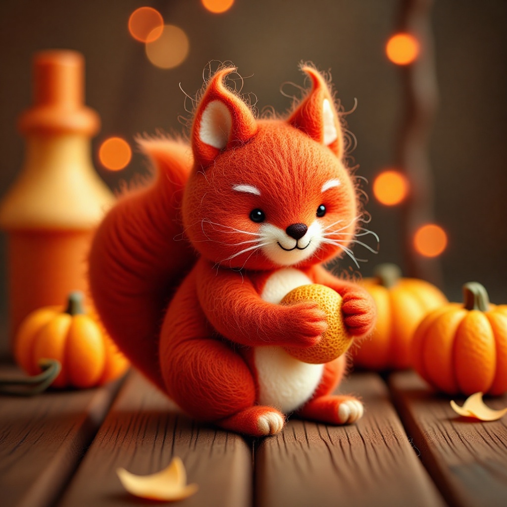 A high-resolution photograph of a curious, red squirrel, with Halloween decorations such as intricately carved pumpkins, strings of orange fairy lights, and an assortment of playful, spooky figurines. ,cut3