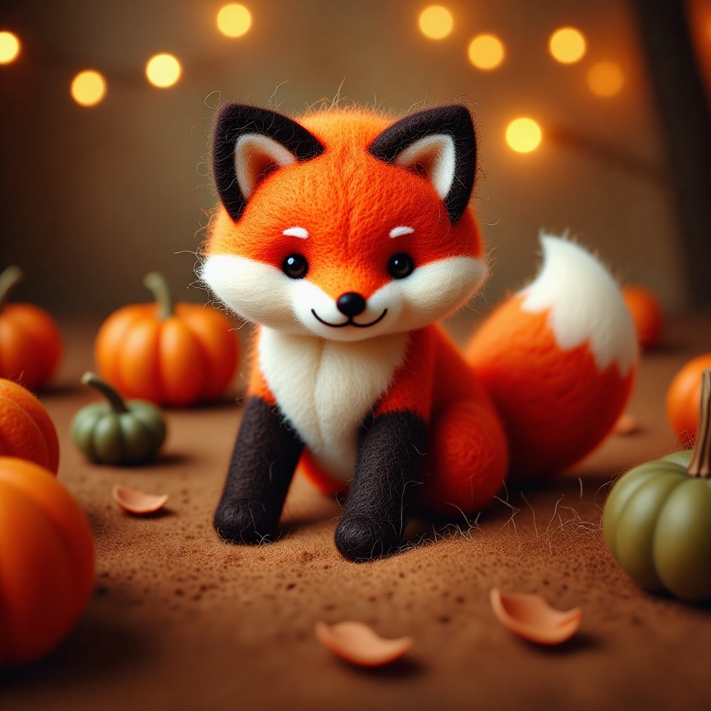 A high-resolution photograph of a young, red fox, with Halloween decorations such as intricately carved pumpkins, strings of orange fairy lights, and an assortment of playful, spooky figurines. ,cut3