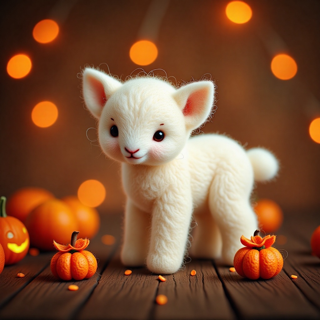 A high-resolution photograph of a newborn, snow-white lamb, with Halloween decorations such as intricately carved pumpkins, strings of orange fairy lights, and an assortment of playful, spooky figurines. ,cut3