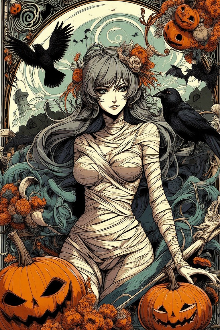 nouveau,  a woman with gray hair and silver eyes wearing a mummy outfit,  bandages wrapping her body. She has intense expr...