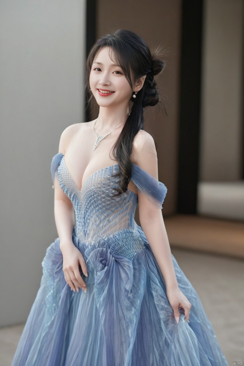 (1girl:1.3), (best quality, masterpiece, ultra high resolution),(photorealistic:1.3), (realistic:1.3), depth of field,(full body:1.2), (day:1.2), (cinematic lighting:1.2),1girl, long_hair, breasts, smile, large_breasts, black_hair, cleavage, bare_shoulders, solo_focus, blurry, black_eyes, depth_of_field, blue_dress, lipstick, realistic
,lifu,