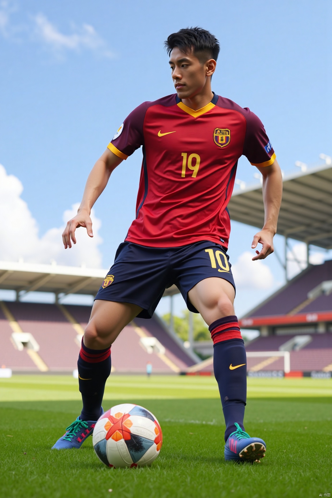 jzns,biu,1man,asian,solo, male focus,handsome, playing football, outdoors, magnificent,masterpiece, realistic, best quality, highly detailed,