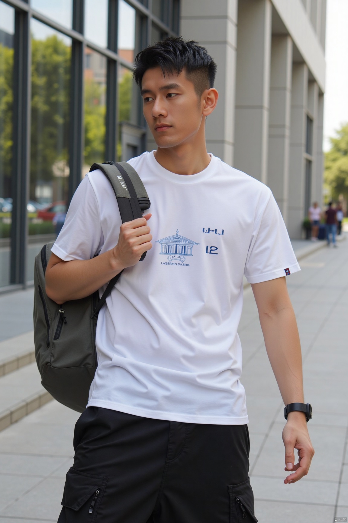 jzns,biu,1man,asian,solo, male focus,handsome, bag, white shirt, black pants, outdoors, print shirt,street,sunny,magnificent,,masterpiece, realistic, best quality, highly detailed,