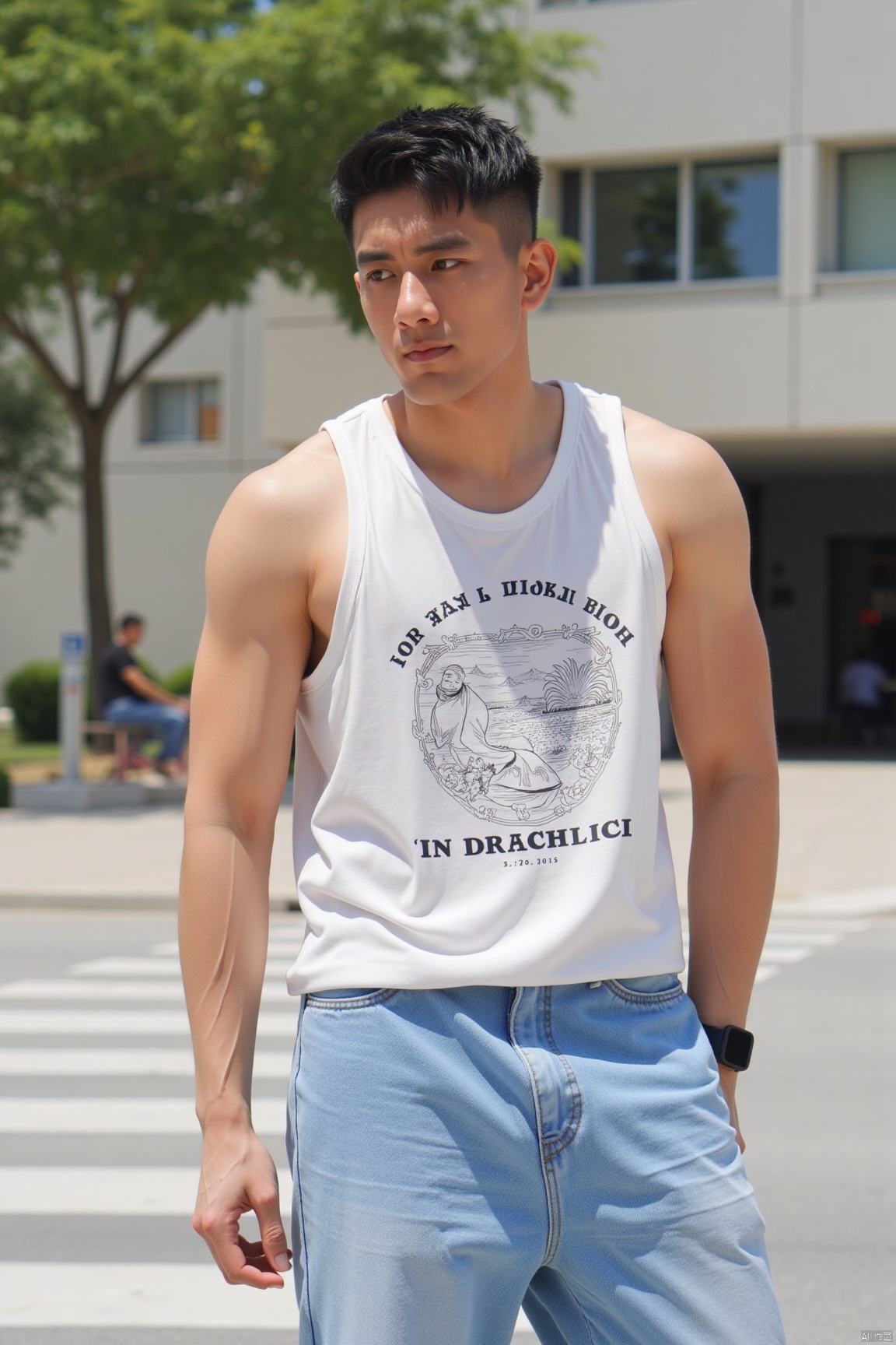 jzns,biu,1man,asian,solo, male focus,handsome, bag, white tanktop,jeans, outdoors, print shirt,street,sunny,magnificent,,masterpiece, realistic, best quality, highly detailed,