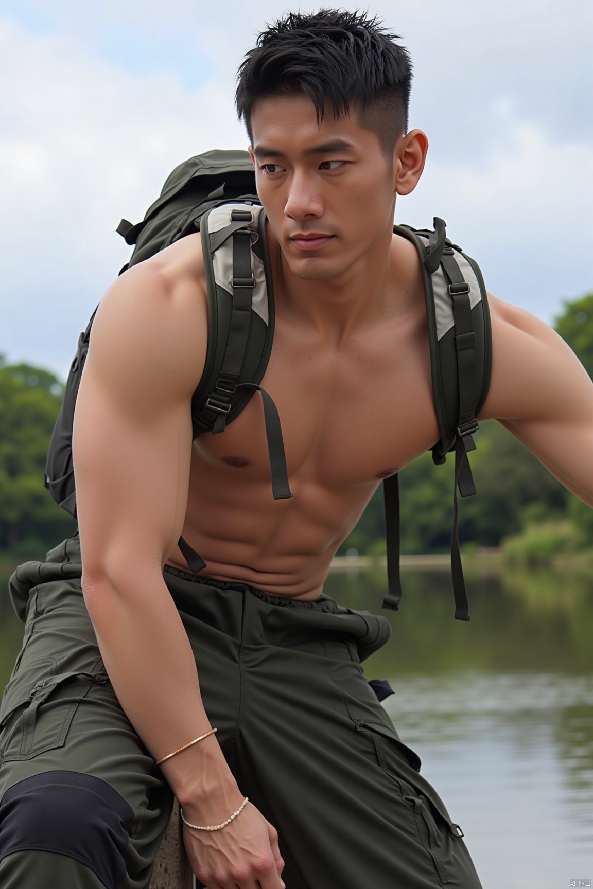 jzns,biu,1man,asian,solo, male focus,handsome,sportman,outdoors, magnificent,masterpiece, realistic, best quality, highly detailed,