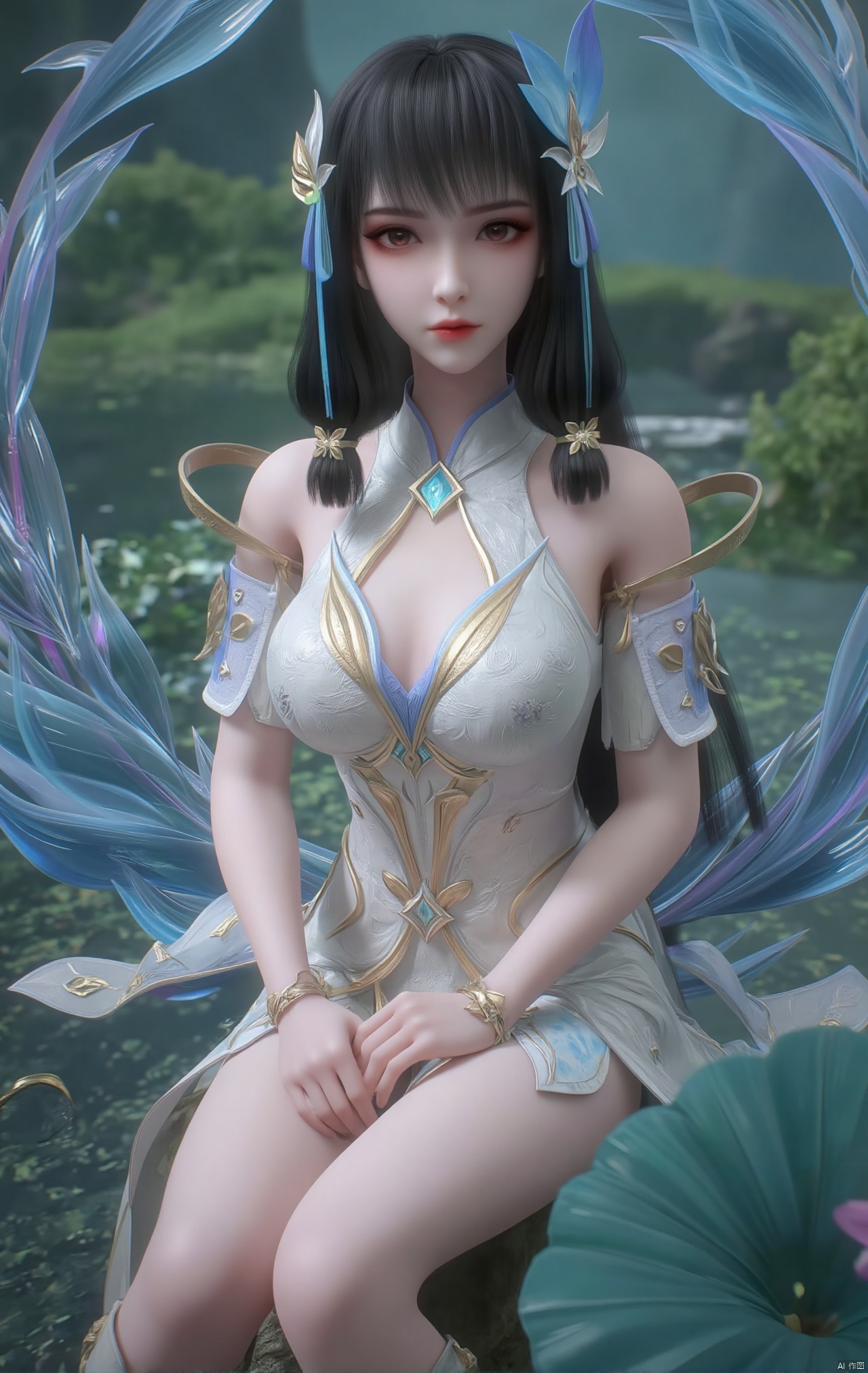  masterpiece,1girl,black hair,(Sitting by the lotus pond in the garden:1.3),(short dress:1.39),black eyes,beautiful face,short sleeves,holding flower,looking at viewer,(huge breasts:2.79),(full breasts:1.99),Xzhaoliner,Xyaoxi,Xsulingyun,XyunluoX,Xhenrendadi,Xlannuo